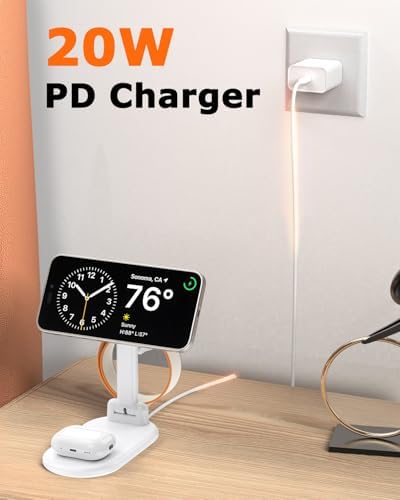 Magnetic 3-in-1 Wireless Charging Station for i Phone 12/13/14/15/16, Fast 15 W Foldable Charger for Apple Watch & Air Pods – Portable Multi-Device Power Hub in Sleek White Finish for Travel Convenience & Enhanced Compatibility