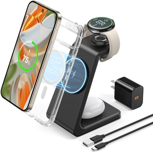 Revolutionary 3-in-1 Magnetic Wireless Charger for Google Pixel Devices – Fast Charging Stand with N52 Magnet for Pixel Watch 3/2, Pixel 9 Pro/XL/9 a/9/8 Pro/8 a/7 Pro/7 a/7/6/6 Pro, and Pixel Buds Pro 2 – Effortless Alignment & Enhanced Compatibility – Includes QC 18 W Adapter & USB Type-C Cable for Safe, Reliable Charging – Perfect for Multi-Device Use and Stylish Desktop Integration – Ideal Gift for Tech Enthusiasts and Google Product Users – Protects Devices with Advanced Smart Chip Technology for Overheating & Overcharging Prevention – Compatible with i Phone and Samsung Models Supporting Wireless Charging – Note: Requires Magnetic Case for Optimal Performance on Google Pixel Phones