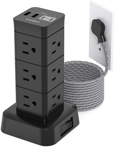 High-Performance Surge Protector Power Strip Tower with 12 Outlets and 4 USB Ports (2 USB-C) – Versatile Desktop Charging Station for Home Office and College Dorms, 6 Ft Flat Plug Extension Cord, Space-Saving Design for Enhanced Device Connectivity and Safety