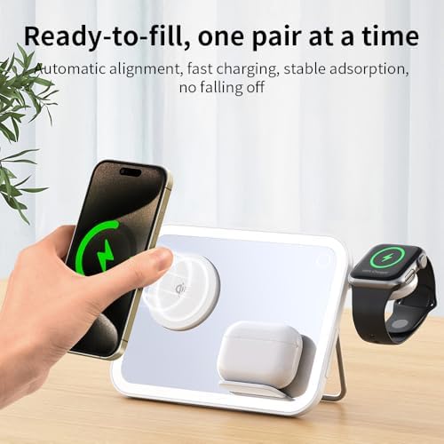Revolutionary 5-in-1 Magnetic Charging Hub for i Phone 12/13/14/15 Series, Apple Watch 2-9, and Air Pods Pro – Multifunctional Stand with Integrated Cosmetic Mirror and Soft Night Light – Perfect Gift for Tech-Savvy Women Seeking Style and Efficiency
