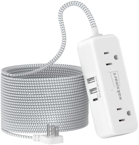 Sleek Flat Plug Power Strip with 5 Ft Extension Cord – 4 AC Outlets & 3 Fast-Charging USB Ports (5 V/3.4 A) – Compact Travel-Friendly Power Solution for College Dorms, Home Offices, and On-the-Go Charging – Maximize Space and Connectivity
