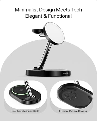 Revolutionize Your Charging Routine with the Intoval 3-in-1 Magnetic Charger Stand for Mag Safe Apple Devices – Fast Wireless Charging Dock for i Phone 15/14/13/12, Apple Watch & Air Pods in Sleek Black Finish – Ultimate Compatibility and Smart Power Management