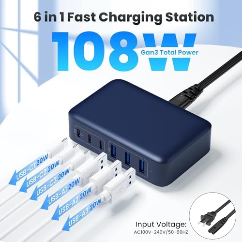 108 W Pink Ga N III USB C Charging Hub – 6-Port Fast Charger for i Phone 15 Pro, Samsung & More – Quick Charge & Power Delivery Compatible – Stylish Multi-Device Power Station with Intelligent Safety Features – Ideal for Home, Office & Travel Use