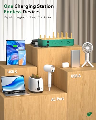 Eco-Friendly Bamboo USB-C Charging Hub – 60 W 6-Port Multi-Device Dock with 3 AC Outlets, 3 USB-C, 3 USB-A Ports, 6 Mixed Cables Included, 6.6 ft Power Cord for i Phones, i Pads & Tablets – Fast, Efficient Charging Solution with Elegant Design