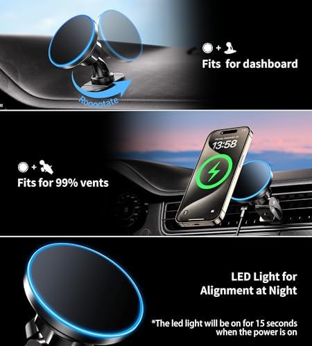 15 W Magnetic Wireless Car Charger & Mount for i Phone 16 – Dual Function Fast Charging with Mag Safe Compatibility – Secure Vent/Dashboard Installation for i Phone 12 to 15 Series – Sleek, Reliable Design for On-the-Go Convenience – Ultimate Hands-Free Navigation Solution