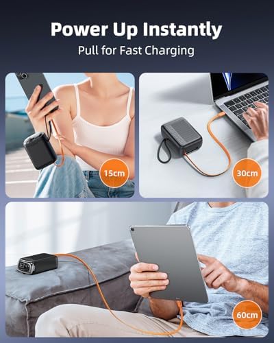 Compact 30 W Retractable USB-C Power Bank with Fast Charging – Sleek Dual Charging Battery Pack for i Phone 15, Android Devices & Laptops – Integrated 60 cm Cable & LCD Display for Ultimate On-the-Go Power Solutions