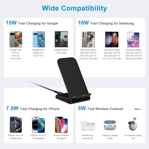 Dual-Pack 15 W Fast Wireless Charger Stand for Samsung Galaxy S23-S25 & Google Pixel 7 a-9 Pro XL – Sleek, Efficient Charging Station with Enhanced Safety Features and Universal Compatibility