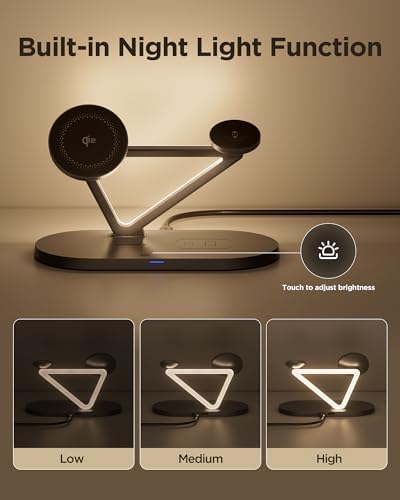 PISEN Qi2 15 W Mag-Safe 3-in-1 Wireless Charging Stand with Adjustable Night Light – Fast, Reliable Charging for i Phone 16/15/14/13/12, Apple Watch & Air Pods – Tidy Desk Solution with Intelligent LED Indicator & Safety Features