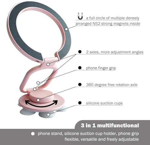 Versatile Magnetic Phone Holder with Suction Cup – Multifunctional Stand, Ring Grip, and Kickstand for i Phone 16/15/14/13/12 Series & Mag Safe (Elegant Pink) – Experience Enhanced Stability and Style