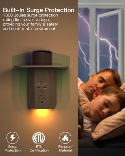 Revolutionary Wall Outlet Extender with Integrated Shelf & Adjustable Night Light – 5 USB Ports Including Rapid USB-C Charging, Surge Protection, and Compact Design for Enhanced Organization and Efficiency