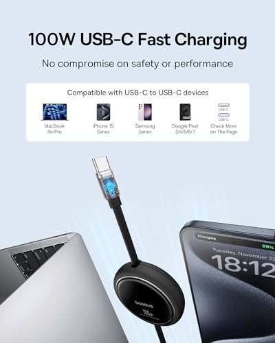 Baseus 100 W Retractable USB-C to USB-C Charging Cable – Versatile 6.6 ft Length with 7 Adjustable Stages for High-Speed Charging of i Phone 16/15 Pro Plus, Mac Book, i Pad Pro, Samsung S24/S23+ – Durable, Tangle-Free Solution for Home and Travel Charging Needs