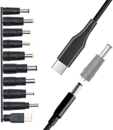 Universal 100 W USB-C to DC Power Charging Cable Kit – 10 Interchangeable Power Plugs for Fast Charging Compatibility with Sony, Toshiba, Dell, HP, and More – Lightweight, Durable Design for Effortless Home and Travel Use – Ideal for Devices with 5.5 x 2.1 mm Barrel Jack – High-Speed Power Delivery with E-Mark Intelligence Chips for Optimal Performance – Versatile Application for Laptops, Printers, Routers, and Projectors – 6 Feet Length for Convenient Connectivity – Tangle-Free Braided Nylon Design for Enhanced Durability and Long Lifespan