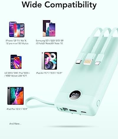 Ultimate 20000 m Ah VRURC Portable Charger with Built-in Cables – Fast Charging Power Bank for Travel, PD & QC 3.0 Compatible, 4 Output Ports & Dual Input, Ideal for i Phone, Samsung, Android Devices – Compact & Durable Battery Pack for On-the-Go Power