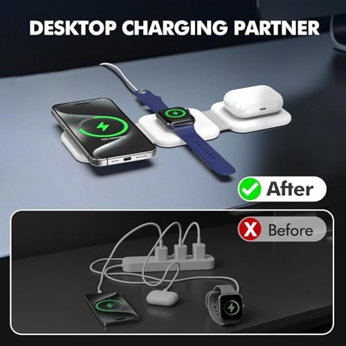 15 W Fast 3-in-1 Wireless Foldable Charger – Magnetic Charging Station for i Phone 16, Apple Watch Series & Air Pods Pro – Portable Travel & Desk Solution with Enhanced Compatibility and Sleek Design
