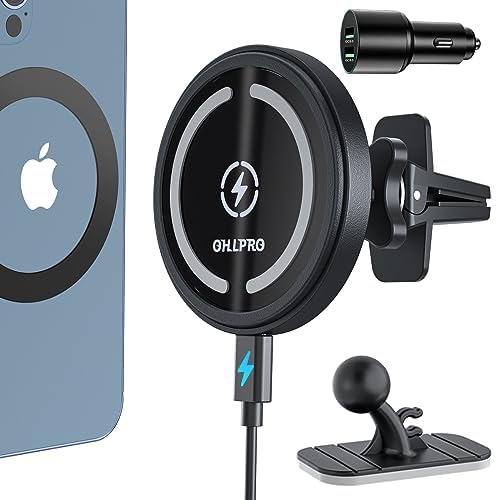OHLPRO Mag Safe Car Charger Mount for i Phone 16/15/14/13 Pro Max – 15 W Fast Charging Phone Holder with 360° Rotation, Secure Adhesive Base for Tesla and Other Vehicles, Ultimate Magnetic Car Accessory for Safe Driving and Hands-Free Navigation – Perfect Gift for Tech Enthusiasts and Road Warriors