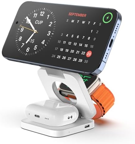 Revolutionary 3-in-1 Fast Wireless Charging Station – Magnetic & Foldable for Seamless Charging of i Phone 16/15/14/13/12/Pro/Max, Apple Watch 9/8/7/6/5/4/3/SE, and Air Pods 3/2/Pro – Compact, Portable, and Efficient 5 W Power Solution for the Modern User
