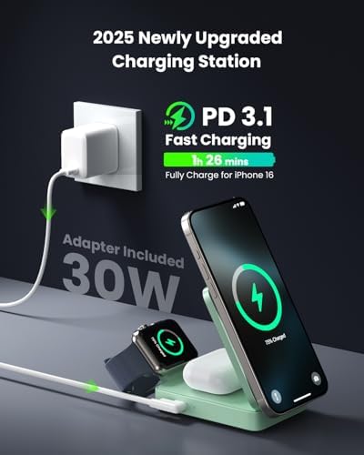 Ultimate 3-in-1 Wireless Charging Station for Apple Devices – 15 W Fast Magnetic Charger Stand with 30 W USB-C Adapter – Enhanced Safety, Cooling System & Foldable Design for i Phone 16/15/14/13/12, Apple Watch, Air Pods – Versatile, Compact & Travel-Friendly Solution for Seamless Charging Experience