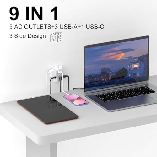 QINLIANF 5-Outlet USB Wall Charger with Surge Protection – 4 USB Ports (4.8 A Total) Power Strip Extender, 3-Sided Design for Easy Access, 1680 J Surge Defense, Compact Multi-Plug Adapter for Home, Travel, and Office Use – Elevate Your Charging Experience with Versatile Compatibility and Safety