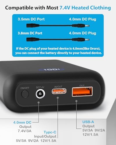 High-Capacity 16000 m Ah Heated Vest Battery Pack for ORORO and Venustas – 7.4 V Power Bank with Dual Adapter Cables, Ultimate Warmth for Outdoor Adventures and Versatile Charging Solutions – Not Compatible with 5 V Heated Devices