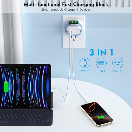 23 W 3-in-1 Multi-Device Charger for Apple Watch & i Phone – Rapid Dual Port USB-C & USB-A Power Adapter with Wireless Magnetic Charging for i Watch Ultra/SE/10/9/8 & i Phone 16/15/14 – Compact Travel Charger for Efficient Power Solutions