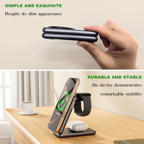 Ultimate 3-in-1 Magnetic Wireless Charging Station for i Phone 16/15/14/13/12, Apple Watch Series 2-10, and Air Pods Pro/2/3/4 – Compact Foldable Design for Travel with Advanced Fast Charging Technology, Intelligent Safety Features, and Stylish Aluminum Build Experience the future of charging with our cutting-edge 2025 Magnetic Wireless Charging Station. This all-in-one solution is engineered to accommodate your i Phone 16/15/14/13/12 series, Apple Watch 2-10 Series, and Air Pods Pro/2/3/4 effortlessly. Say goodbye to tangled cables with a sleek design that offers simultaneous charging for three devices through a single USB-C cable. Equipped with powerful N52 magnets for precise alignment, this charger ensures a hassle-free experience while providing high-speed charging capabilities. Its unique folding mechanism allows for portability, making it the perfect travel companion to fit in your pocket or backpack. With advanced safety features such as overcurrent, overvoltage, and overheating protections, this charger prioritizes your devices’ safety and longevity. The elegant aluminum and polycarbonate construction not only enhances durability but also adds a touch of sophistication to any workspace or home environment. Enjoy the convenience of a non-slip base for stability, plus 24-hour customer support for peace of mind. Elevate your charging experience today!