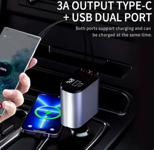 Ultimate 4-in-1 Retractable Car Charger with Dual USB Ports – 120 W Fast Charging Adapter for i Phone, Samsung Galaxy & Pixel Devices – Tangle-Free Design for Optimal On-the-Go Convenience and Universal Compatibility