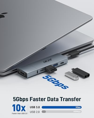 Acer USB C Hub for Mac Book Pro/Air M1 M2 M3 – Ultimate 6-in-2 Detachable Adapter with 4 K@60 Hz HDMI, Dual USB-A & USB-C 3.0 Ports, and 100 W PD Charging for Unmatched Multi-Device Connectivity and Enhanced Productivity Solutions