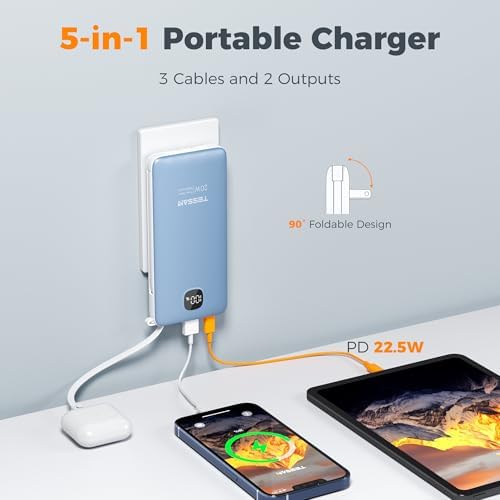 TESSAN 10,000 m Ah Portable Charger with Built-In Cables and Fast 20 W Charging – Compact Power Bank with Foldable Wall Plug for i Phone 16/15, Samsung, and Tablets – Essential Travel Companion for Uninterrupted Device Power