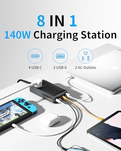 Next-Gen 140 W Ga N III 8-in-1 USB-C Fast Charging Hub – High-Efficiency Power Adapter for Mac Book, i Phone 16, Galaxy S24 & More – Ultra-Compact Design with PD 65 W Laptop Compatibility – Versatile Multi-Device Charging Solution for Home, Office, and Travel