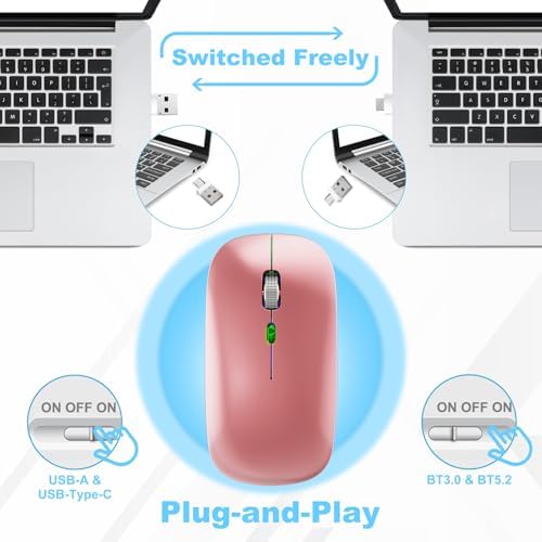Ergonomic Wireless Mouse for Mac & PC – Rechargeable Dual Mode Bluetooth 5.2/3.0 & 2.4 GHz USB-C Receiver – Lightweight, Silent Design for Ultimate Comfort and Portability – Ideal for Multitasking Professionals and Casual Users
