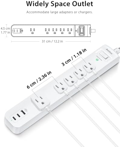6 Ft Surge Protector Power Strip with 5 AC Outlets & 2 USB-C Ports – Space-Saving Flat Extension Cord for College Dorms & Home Office – Reliable Desktop Charging Station in Sleek White Design – Enhanced Surge Protection for Optimal Device Safety