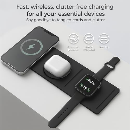 Ultimate 3-in-1 Magnetic Wireless Charger for Apple Devices – Foldable Travel Adapter for i Phone 16/15/14/13/Pro/Max, Apple Watch, and Air Pods – 20 W Rapid Charging Power Supply Included for Unmatched Convenience and Enhanced Compatibility