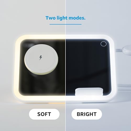 Revamp Your Content Creation with AT&T Rectangle Light Mirror Stand – Magnetic Phone Holder & Wireless Charging Station for Influencers – Sleek White Design for Flawless Selfies and Professional Makeup Lighting – Enhanced Compatibility and Efficiency