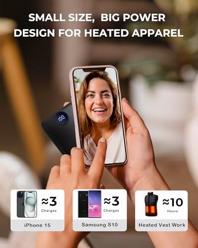Rechargeable Heated Vest Battery Pack with LED Display – High-Capacity Portable Power Bank for Heated Apparel, Vests, Blankets, and Jackets – Dual USB-A Output & Type-C Input for Fast Charging – Up to 10 Hours of Warmth and Comfort on the Go