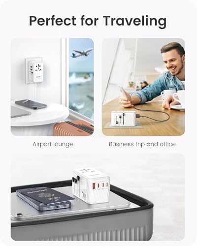 LENCENT 85 W Universal Travel Adapter with Retractable USB-C Cable – High-Speed International Plug Converter Featuring 3 Type-C & 1 USB-A Ports for Effortless Worldwide Charging – Your Ultimate Travel Essential for Maximum Compatibility, Fast Charging, and Ga N Technology Efficiency