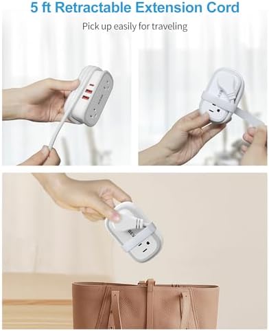 BEVA Portable Travel Power Strip with 5 ft Retractable USB C Cable – Compact Charger for Hotels and Cruises, Featuring 2 AC Outlets & 3 USB Ports for Enhanced Device Compatibility and Fast Charging