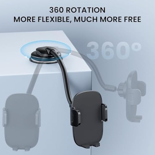 Qifutan Premium Anti-Shake Car Phone Holder with Long Arm Design – Universal Dashboard & Windshield Mount for All Smartphones, Enhanced Stability & Safety for Hands-Free Driving, Black