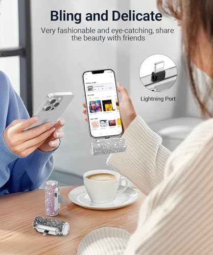 Sleek Shiny Pink Mini Power Bank with Built-in Lightning Connector – 4500 m Ah Compact Charger for i Phone 14/13/12/11/XR/8/SE Series – Stylish Glitter Battery Pack for Effortless On-the-Go Charging and Enhanced Compatibility
