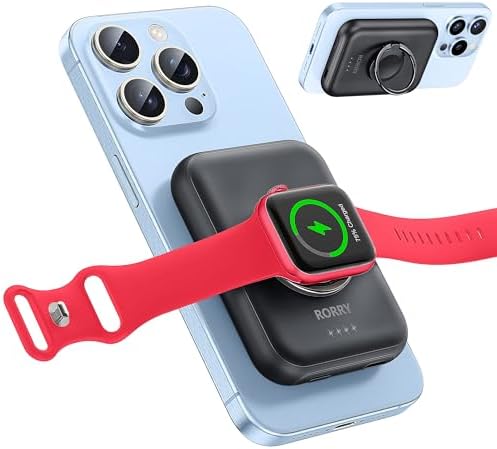 RORRY Mag Safe Portable Charger for i Phone & Apple Watch | Dual Fast Charging Wireless Power Bank | 5000 m Ah Capacity with Finger Ring | Stylish Pink Magnetic Battery Pack for On-the-Go Convenience | Enhanced Compatibility & Sleek Design