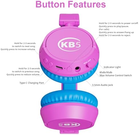 Contixo KB-5 Safe Listening Bluetooth Headphones for Kids – Foldable Over-Ear Design with 85 d B Volume Limiting – Stylish Pink & Blue Headphones for Comfortable Listening – Effortless Wireless Pairing with All Devices for Young Music Enthusiasts