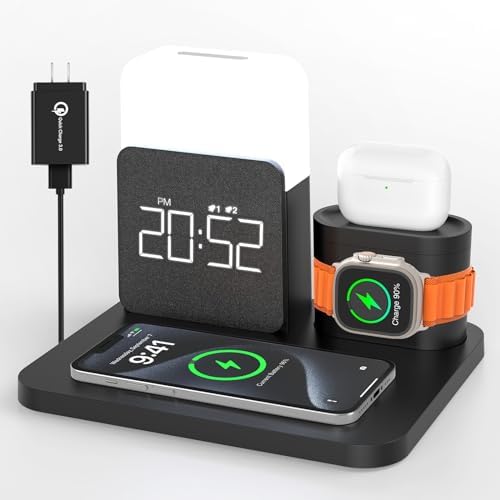 Multifunctional 3-in-1 Charging Station with Alarm Clock and Night Light for i Phone 15, 14, 13, 12, 11, Pro Max & Apple Watch – Space-Saving Wireless Charger Dock for Air Pods – Enhanced Fast Charging and Sleek Design for Home and Office