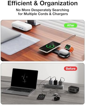 Ultimate 3-in-1 Wireless Charging Station for Apple Devices – Fast Mag Safe Compatible Foldable Charger for i Phone, Apple Watch & Air Pods, Perfect for Travel and Home Use, Sleek Design with Anti-Slip Base and LED Indicator, Simultaneous Multi-Device Charging Solution