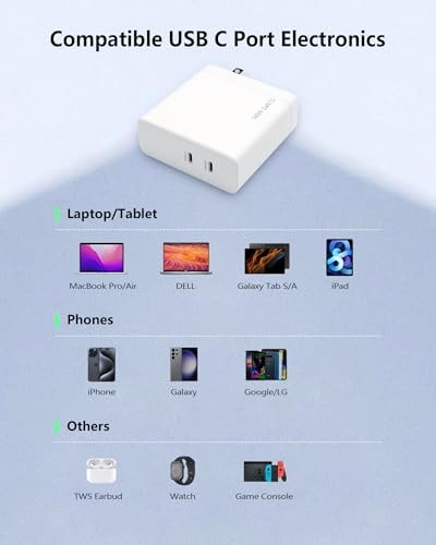 Efficient 140 W USB-C Dual Port Ga N Charger – Compact, Foldable Fast Charging Adapter for Mac Book Pro/Air, i Phone 16/15/14, i Pad Pro/Air, Galaxy, Moto G & More – Premium Performance & Enhanced Compatibility for All Devices