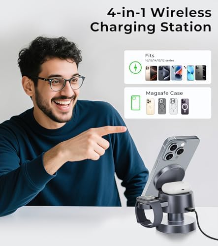 Sleek 4-in-1 Wireless Charging Station with Night Lamp – Fast Aluminum Alloy Charger Dock for i Phone 16/15/14/13/12, Apple Watch & Air Pods – Multi-Device Convenience in Stylish Grey Finish – Ideal for Decluttering Nightstands and Workspaces