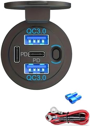 12 V Waterproof USB Charger with 4 Quick Charge 3.0 Ports – Essential Multi-Port Outlet for Marine, RV, Motorcycle & Golf Cart – Reliable Power Solution with Integrated Switch for Enhanced Device Compatibility