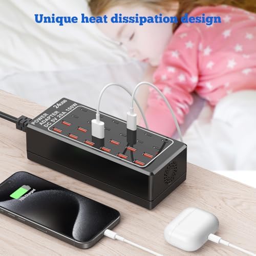 24-Port USB Charging Hub with 100 W Fast Charge Capability – Multi-Device Desktop Station with 12 USB-A & 12 USB-C Ports for Rapid Power Delivery to i Phone, i Pad, Samsung Galaxy, Laptops, and More – Space-Saving Design Ideal for Home or Office Use