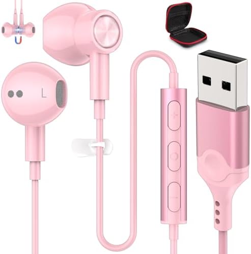 Transform Your Audio Experience with ASKUBSKU Pink USB Wired Headset: 7.5 Ft Premium Earbuds Featuring Advanced Noise-Canceling Microphone for PC – Perfect for Gaming, Remote Work, and Extended Comfort with Ergonomic Design and Instant Mute Control