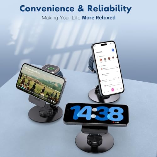 Foldable Magnetic Wireless Charger Stand – 2-in-1 Fast Charging Station for i Phone 16, 15, 14, 13, Apple Watch & Air Pods – Qi Certified 15 W Rapid Charger for Travel & Home Use – Sleek, Portable Design with Enhanced Compatibility and Efficiency