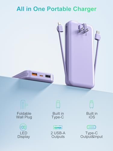 Ultra-Fast Portable Phone Charger with 12000 m Ah Capacity – All-in-One Power Bank with Integrated Cables, Wall Plug, and LED Display for i Phone, i Pad, Samsung – Essential Travel Companion for Uninterrupted Connectivity