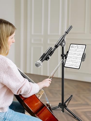 Premium Aluminum Dual Ball Head Tablet Holder for Microphone Stands – Versatile i Pad & Smartphone Mount for Musicians and Presenters – Adjustable Side-Mount Design for 4 to 12.9-Inch Devices – Lightweight, Durable, and Easy to Transport – Enhance Your Performance with Optimal Device Accessibility and Stability